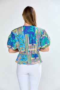 SARA CAMPBELL Laguna Puff Sleeve Blouse in paisley tiles - women's blouse - detail view