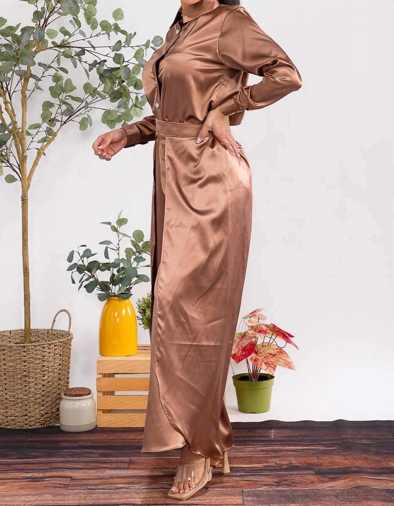 Karen T Design - Button Down Shirt And Open Pants Set