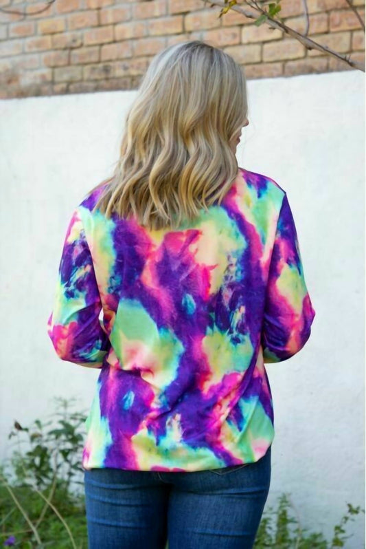 Tie Dye V Neck Sequin Pocket Bright Colors Top