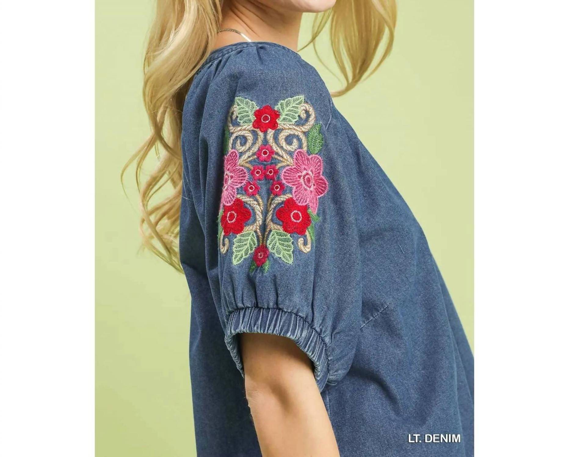 Style Usa - Women's Denim Embroidered Puff Sleeve Boho Top