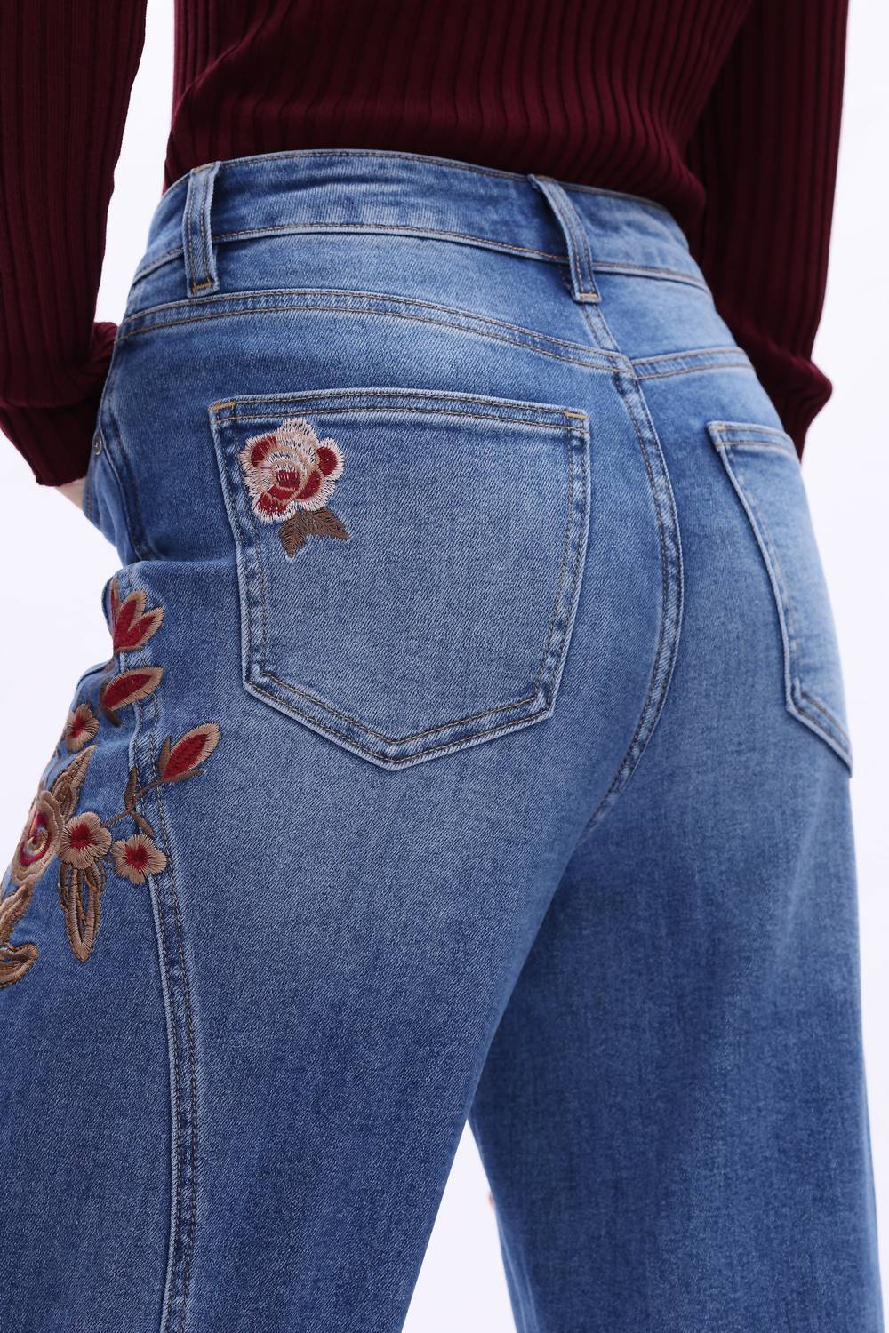 Bayeas High Rise Floral Embroidered Wide Leg Jeans in medium blue - women's jeans - view 5