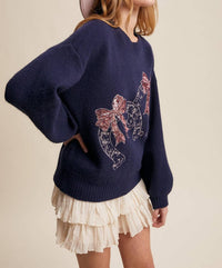 Listicle Horseshoes And Sequins Sweater in dark blue - women's sweater - alternate view