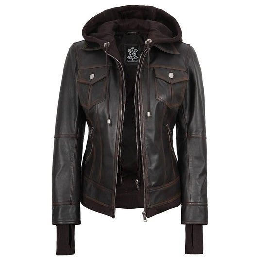 Decrum - Women's Tralee Bomber Leather Jacket With Removable Hoodie