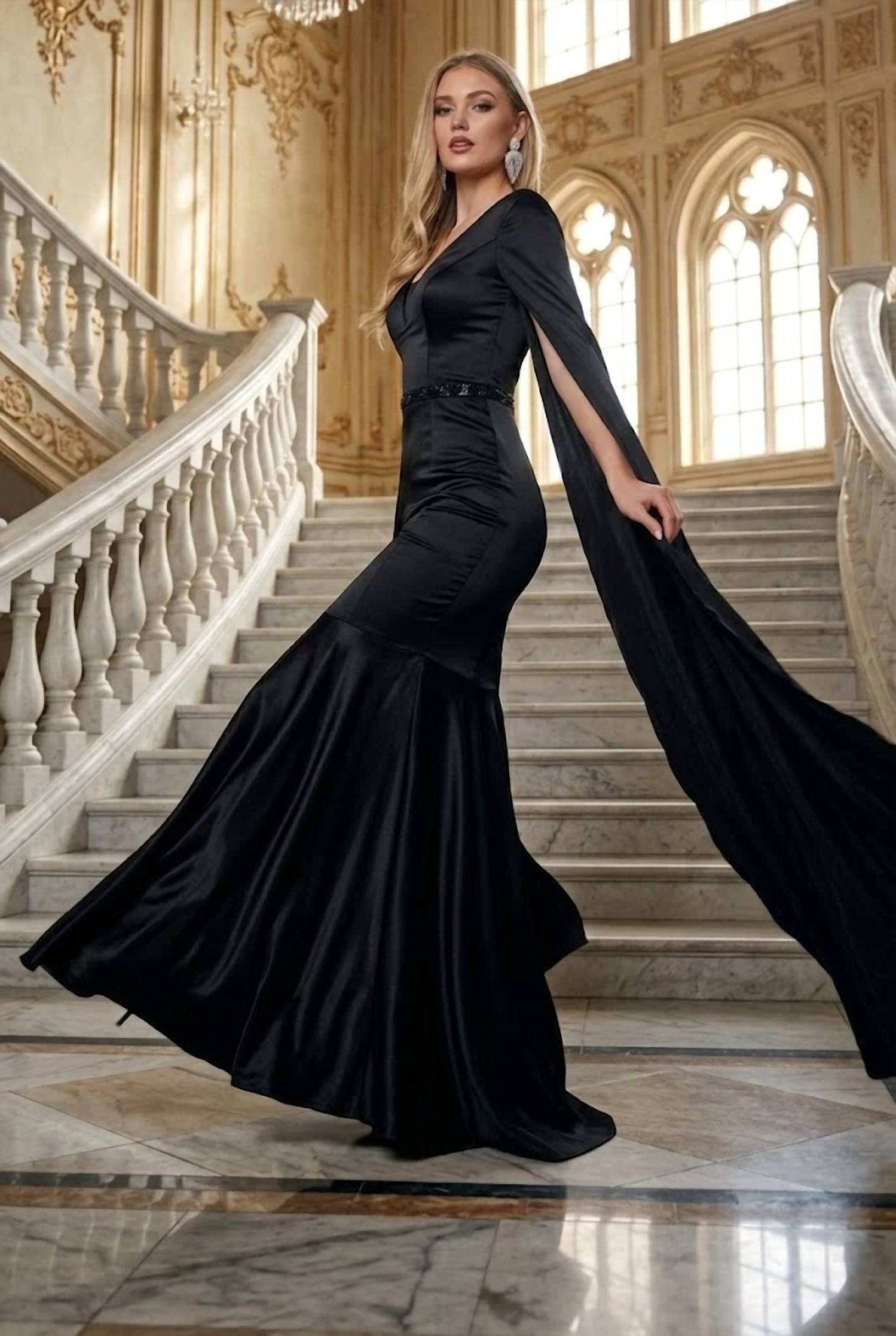 Royal Queen - V-neck Cape Sleeve Mermaid Formal Evening Dress