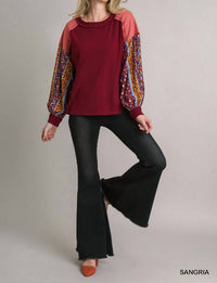 Umgee - Colorblock Contrast Knit With Printed Sleeves Top