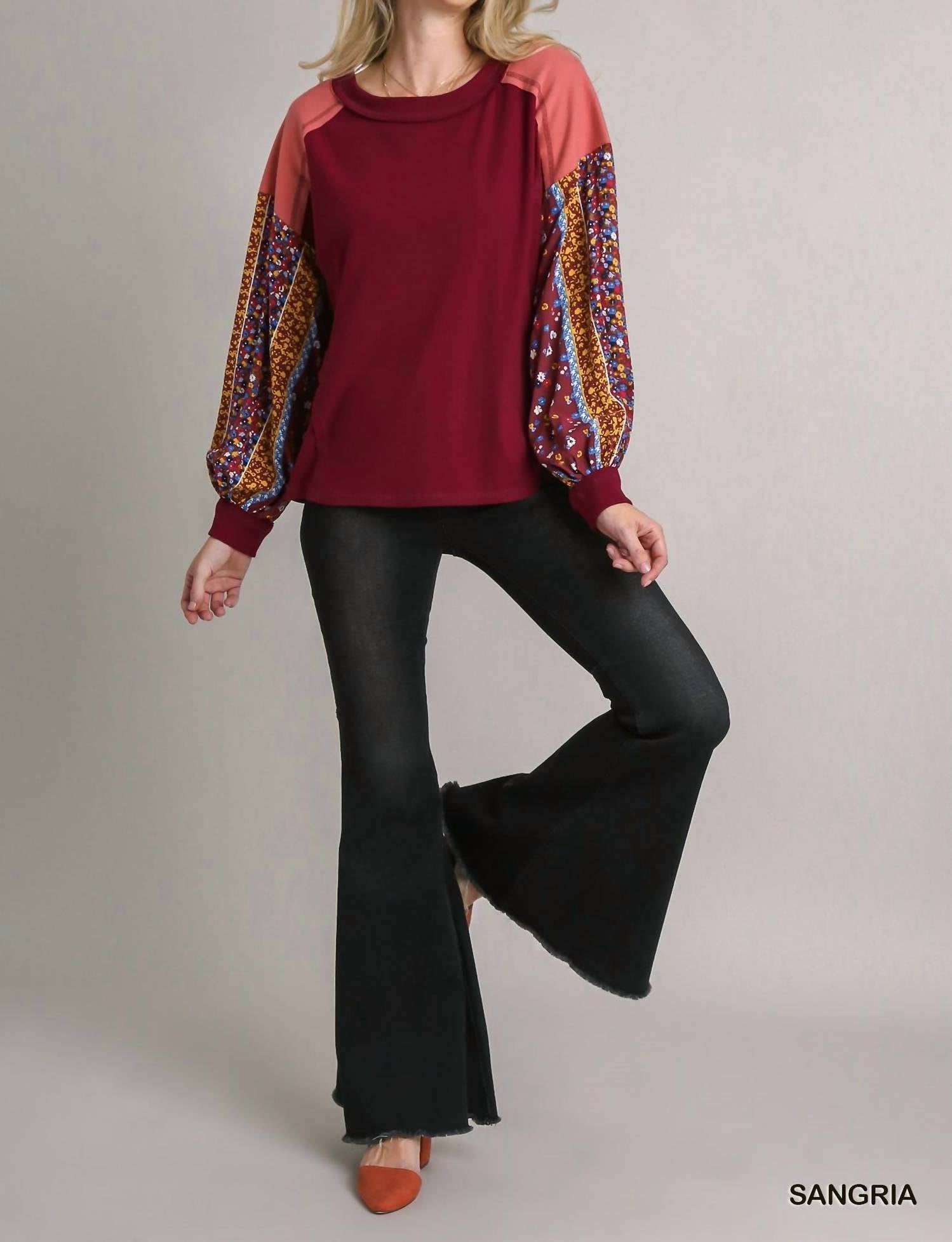 Umgee - Colorblock Contrast Knit With Printed Sleeves Top