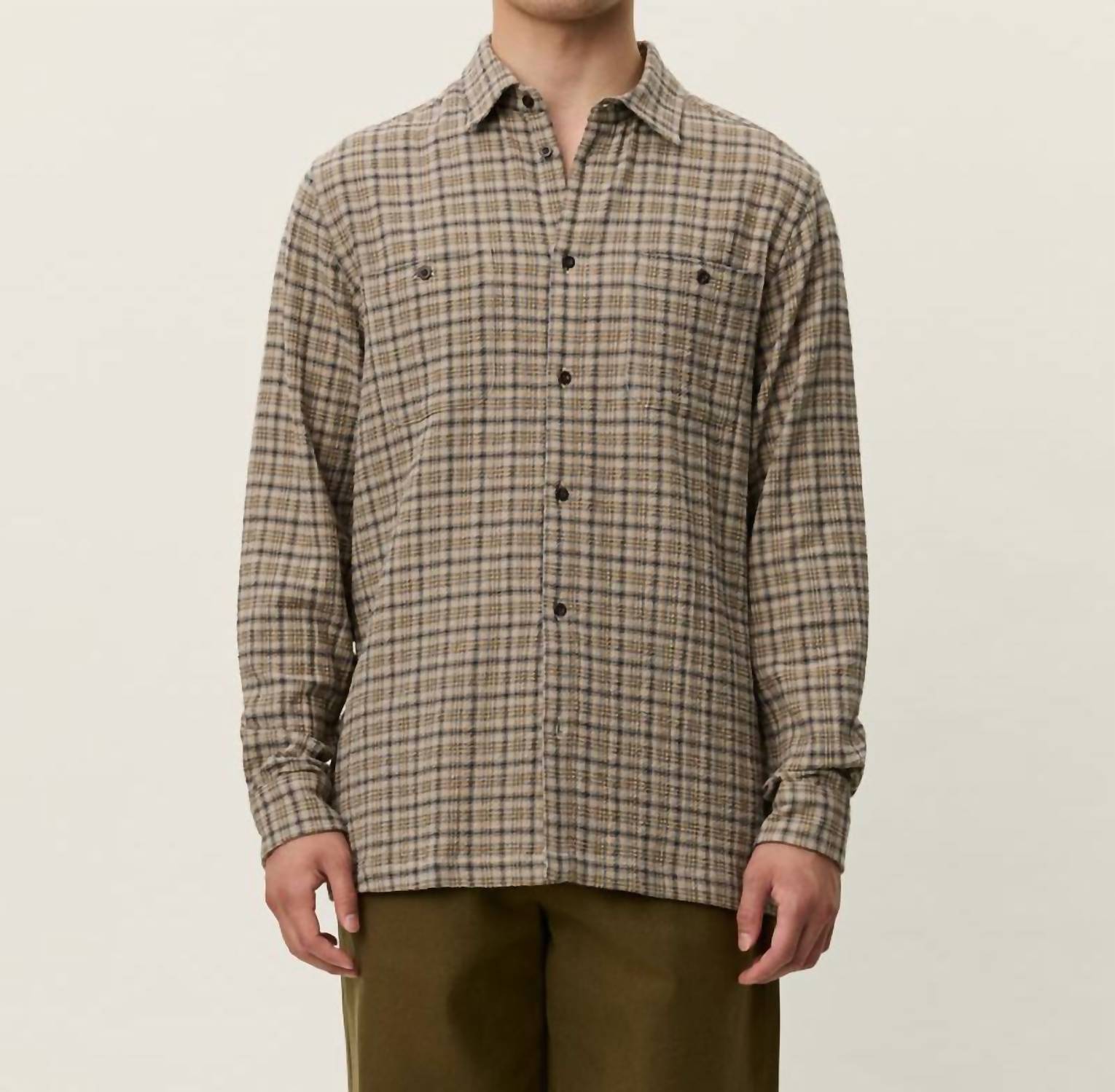 Les Deux John Check Long Sleeve Shirt in dark sand - men's shirt - detail view