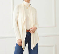 Karen Kane Long Sleeve Ribbed Drape Front Cardigan - Petite in dark cream - women's cardigan