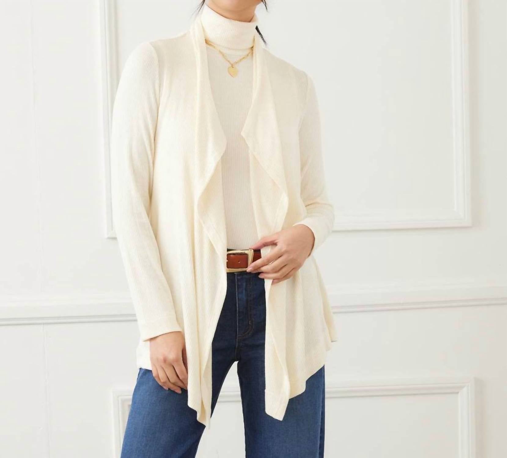 Karen Kane Long Sleeve Ribbed Drape Front Cardigan - Petite in dark cream - women's cardigan