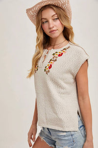 Bluivy - Embroidered Notch Neck Knit Top