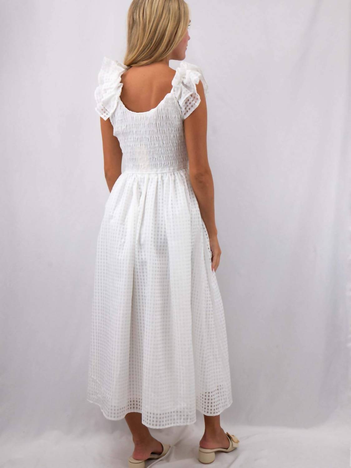Entro - Grid Ruffle Sleeve Midi Dress