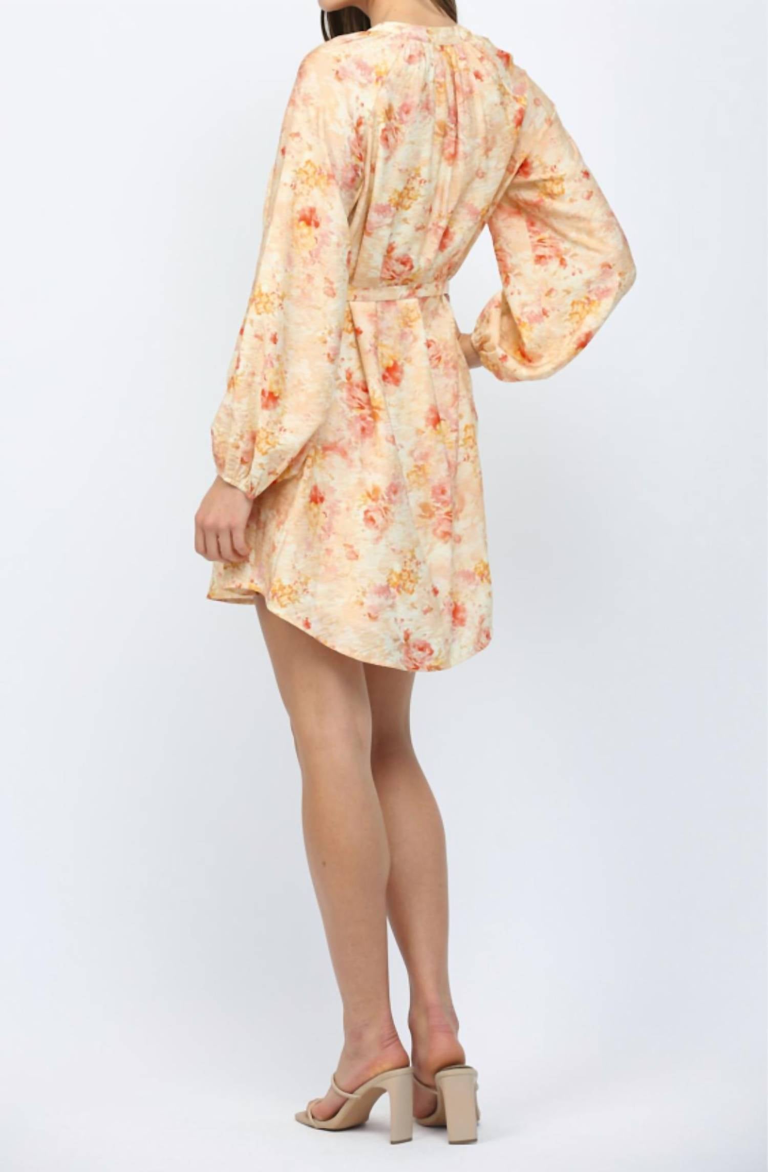 Fate Raglan Sleeves Button Down Mini Dress in peach multi - women's dress - detail view