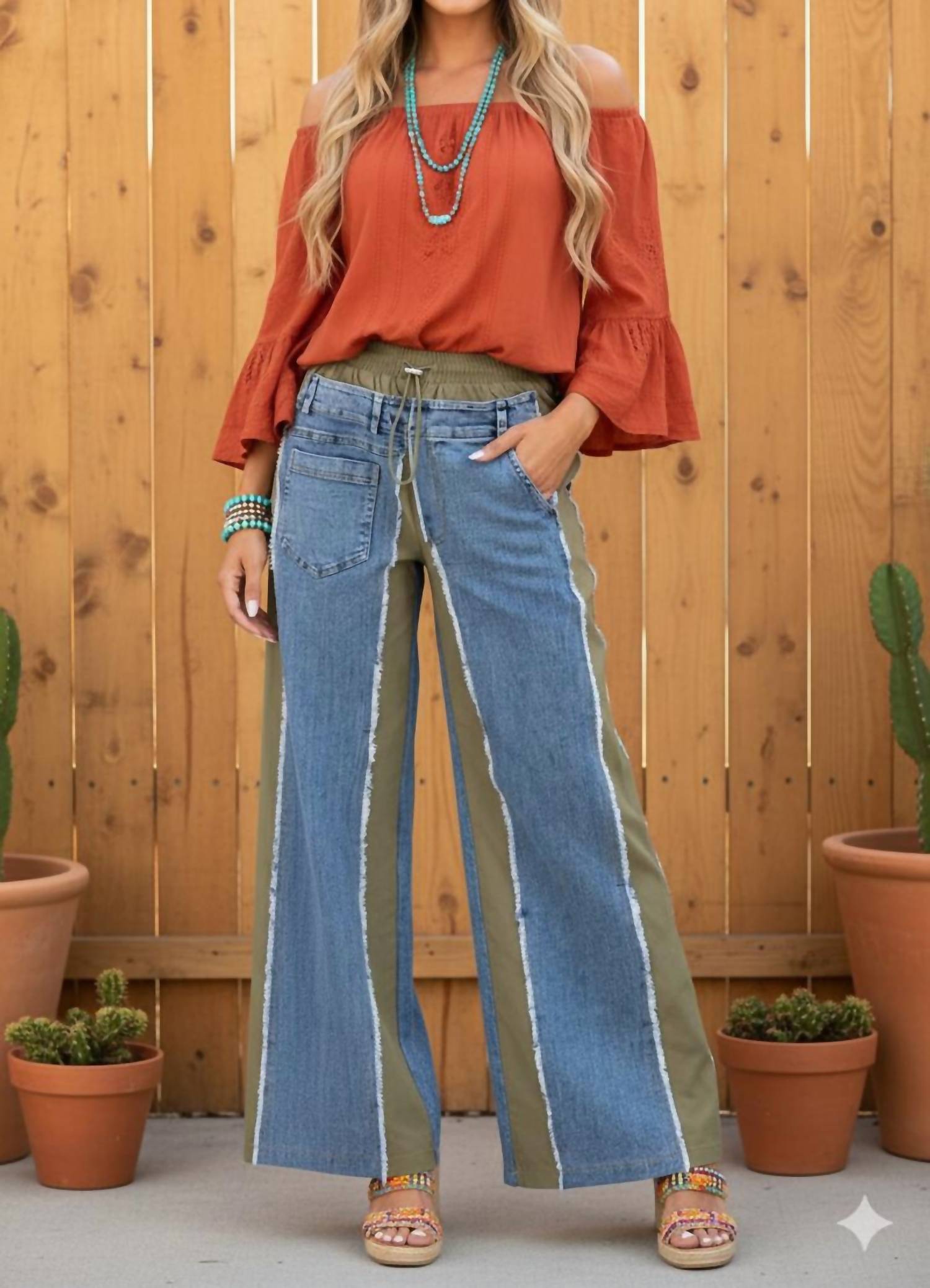 Little Secret Of Mine - Boho Elastic Waist Pocket Contrast Wide-leg Pants