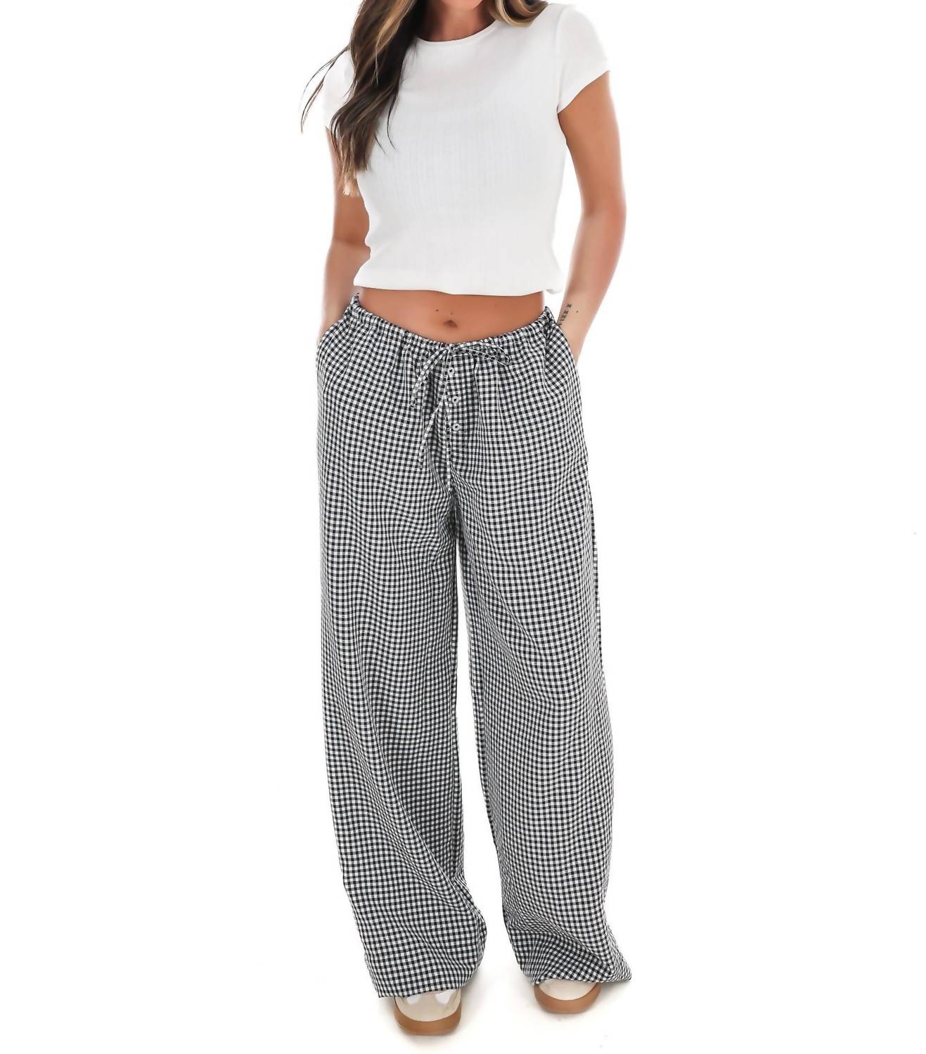 HYFVE Market Morning Gingham Wide Leg Pants in black - women's pants