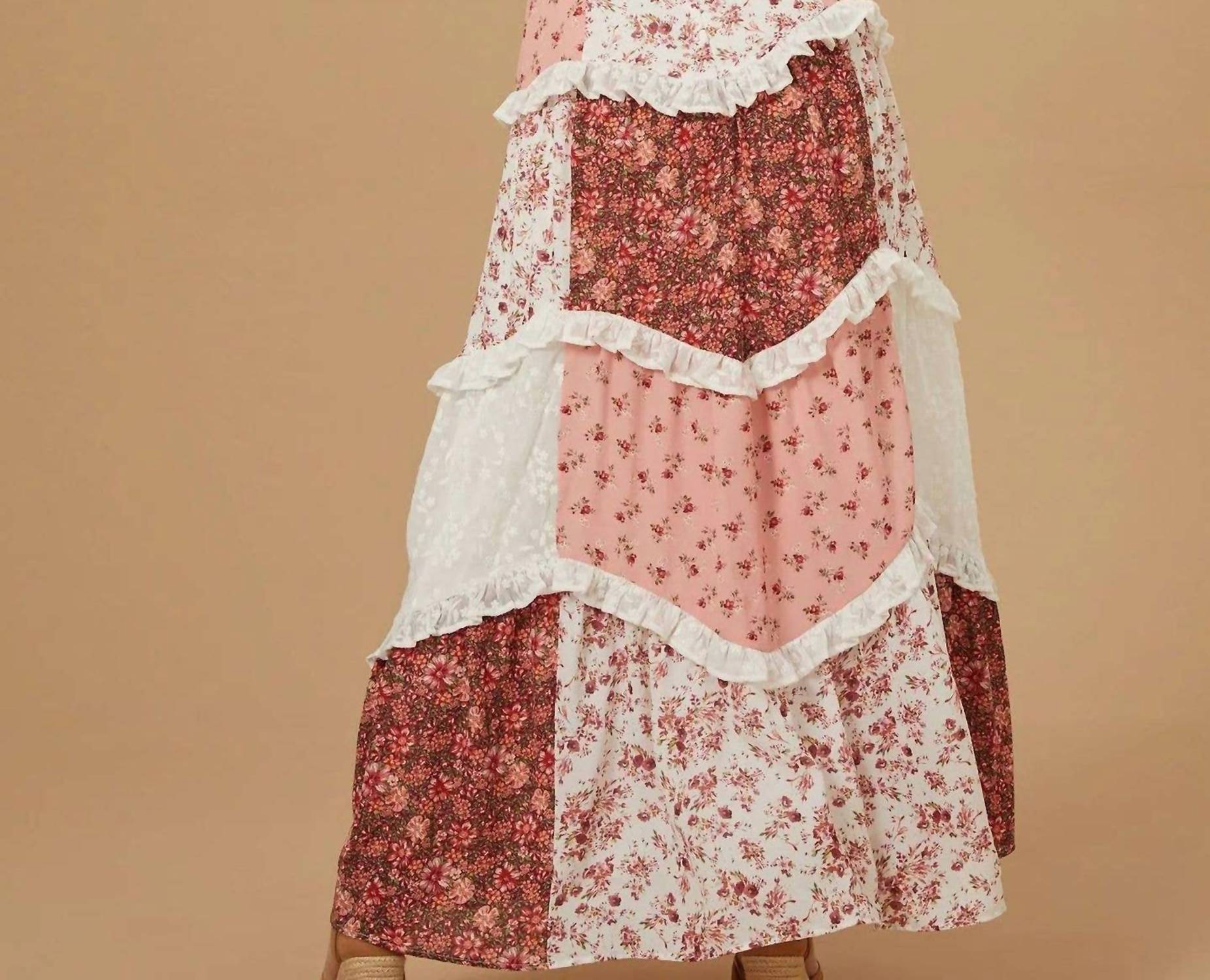 Rosa Clothing Parfait Patchwork Tiered Floral Maxi Dress in pink - women's dress - detail view