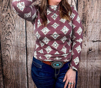 Sterling Kreek High Plains Aztec Top in cranberry - women's long sleeve top - alternate view