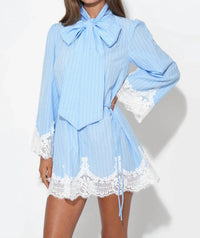 adelyn rae Victoria Neck Tie Lace Trim Stripe Dress in light blue - women's dress - alternate view