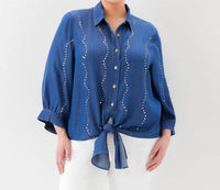 Karen Kane - Blouson Sleeve Gemstone Denim Shirt - Plus