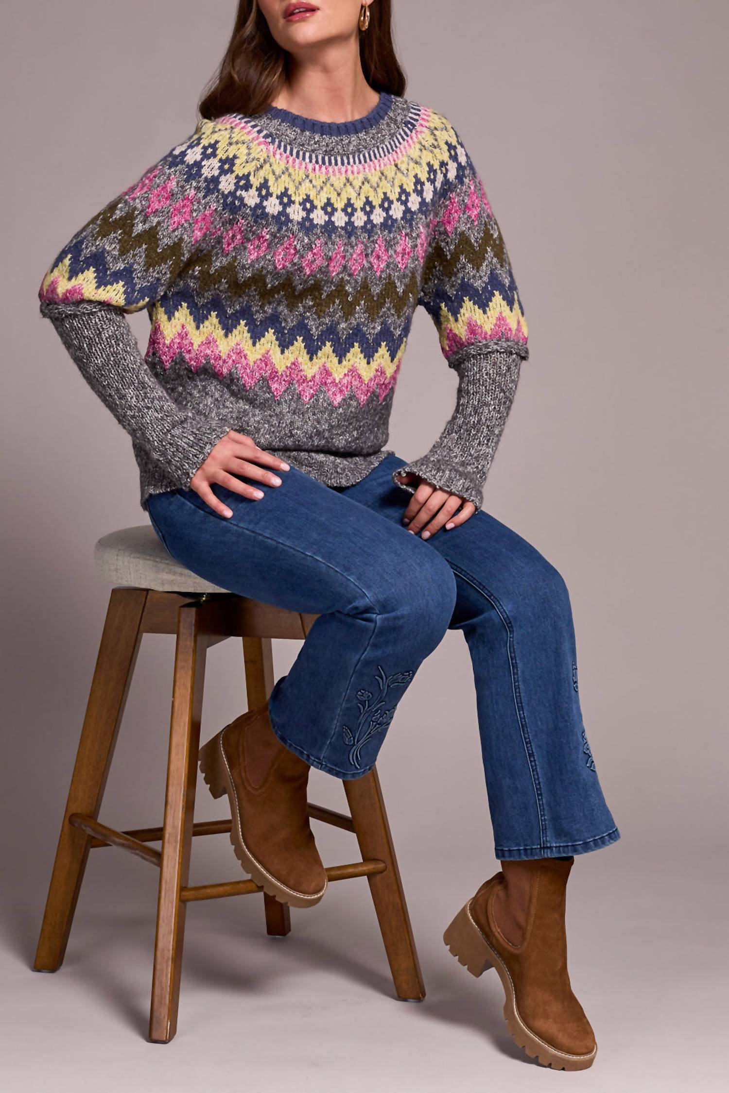 Tribal - Intarsia Ribbed Long Sleeve Sweater