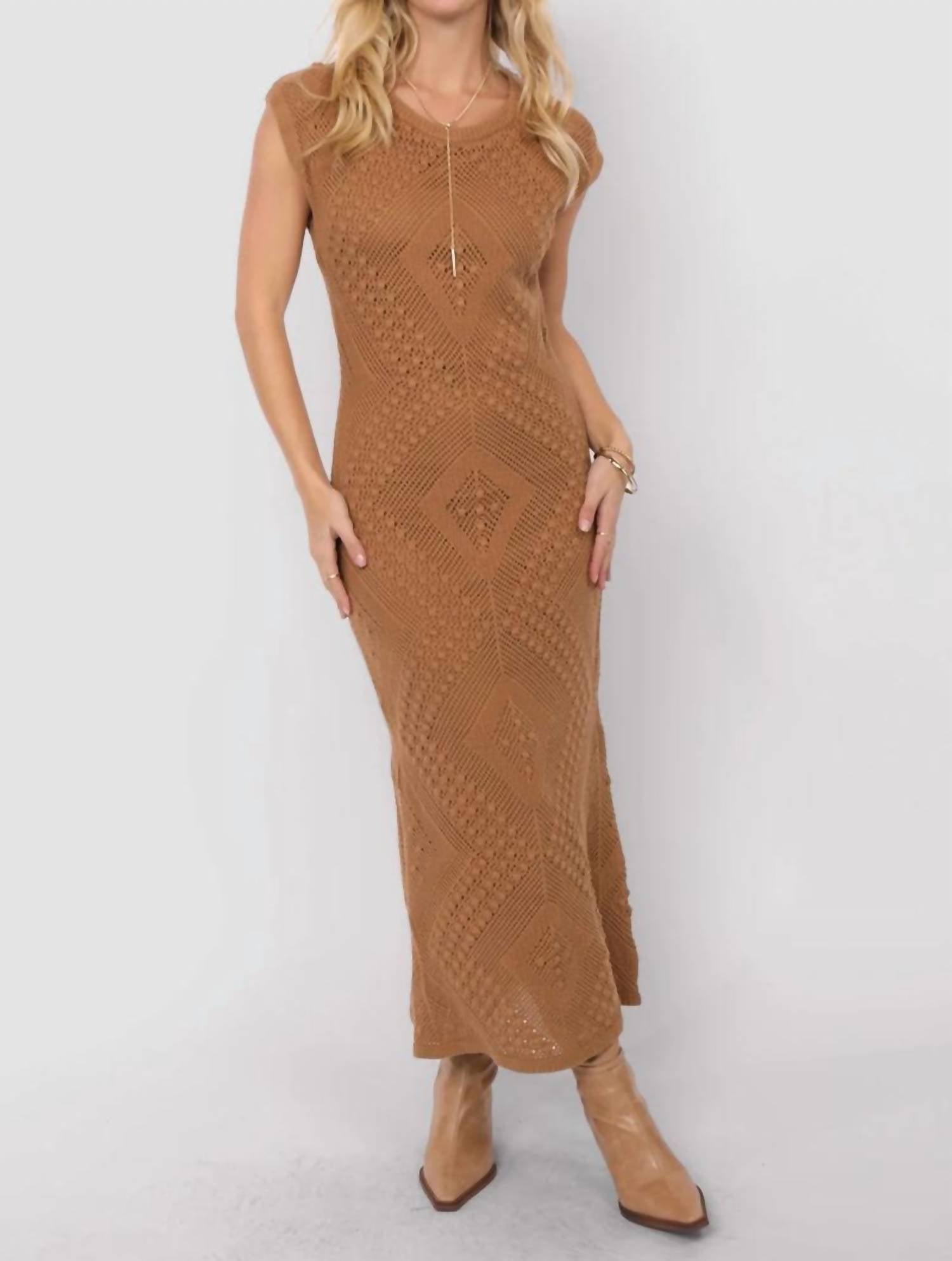 Sadie & Sage Wandering Intricate Knit Midi Sweater Dress in brown - women's dress