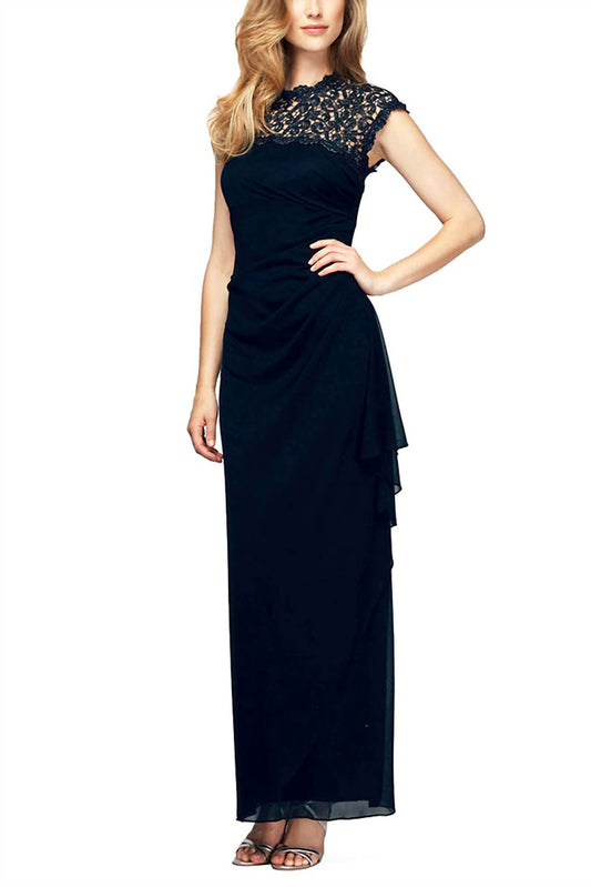 Alex Evenings - Metallic Lace Neckline Gathered Side Mesh Gown