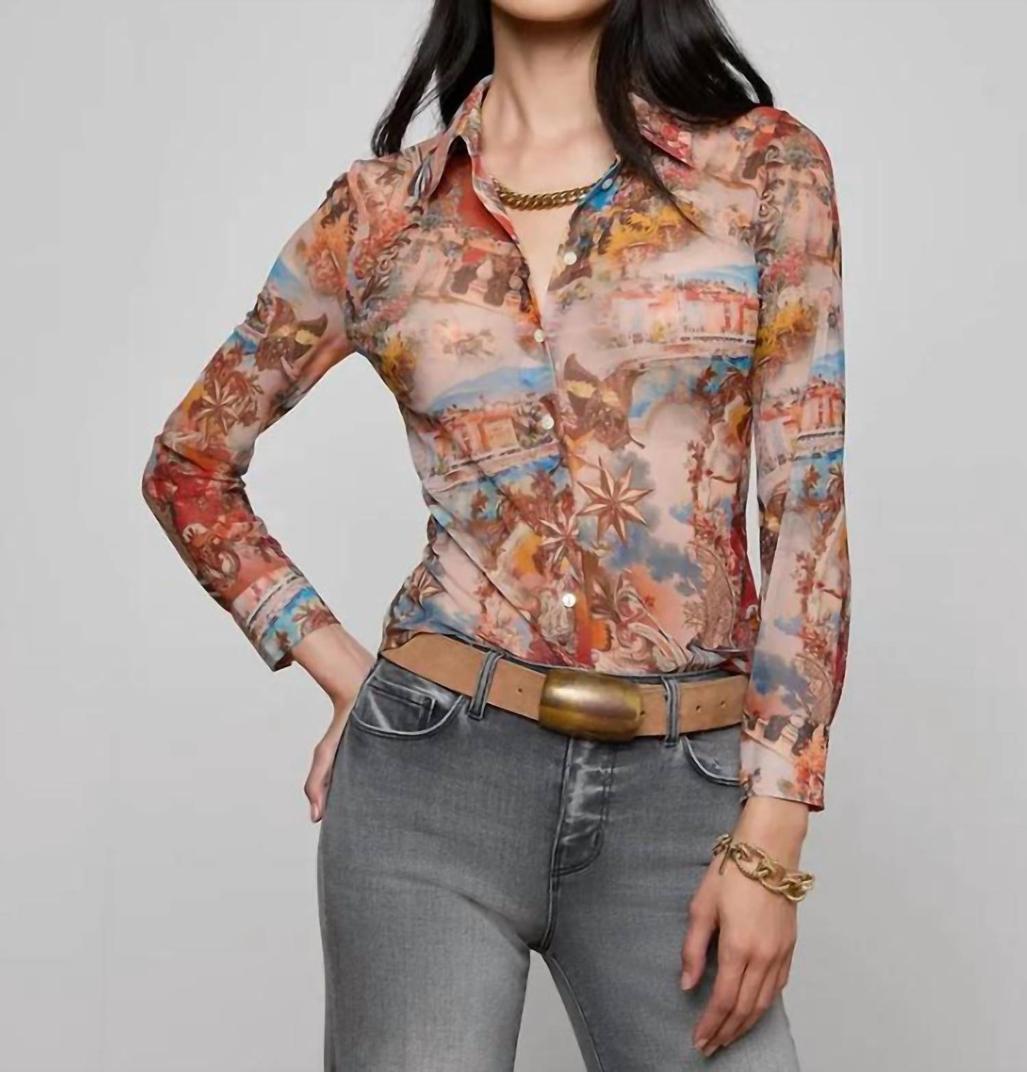 L'Agence INDIANA FITTED 3/4 SLEEVE BLOUSE in multi collage - women's blouse