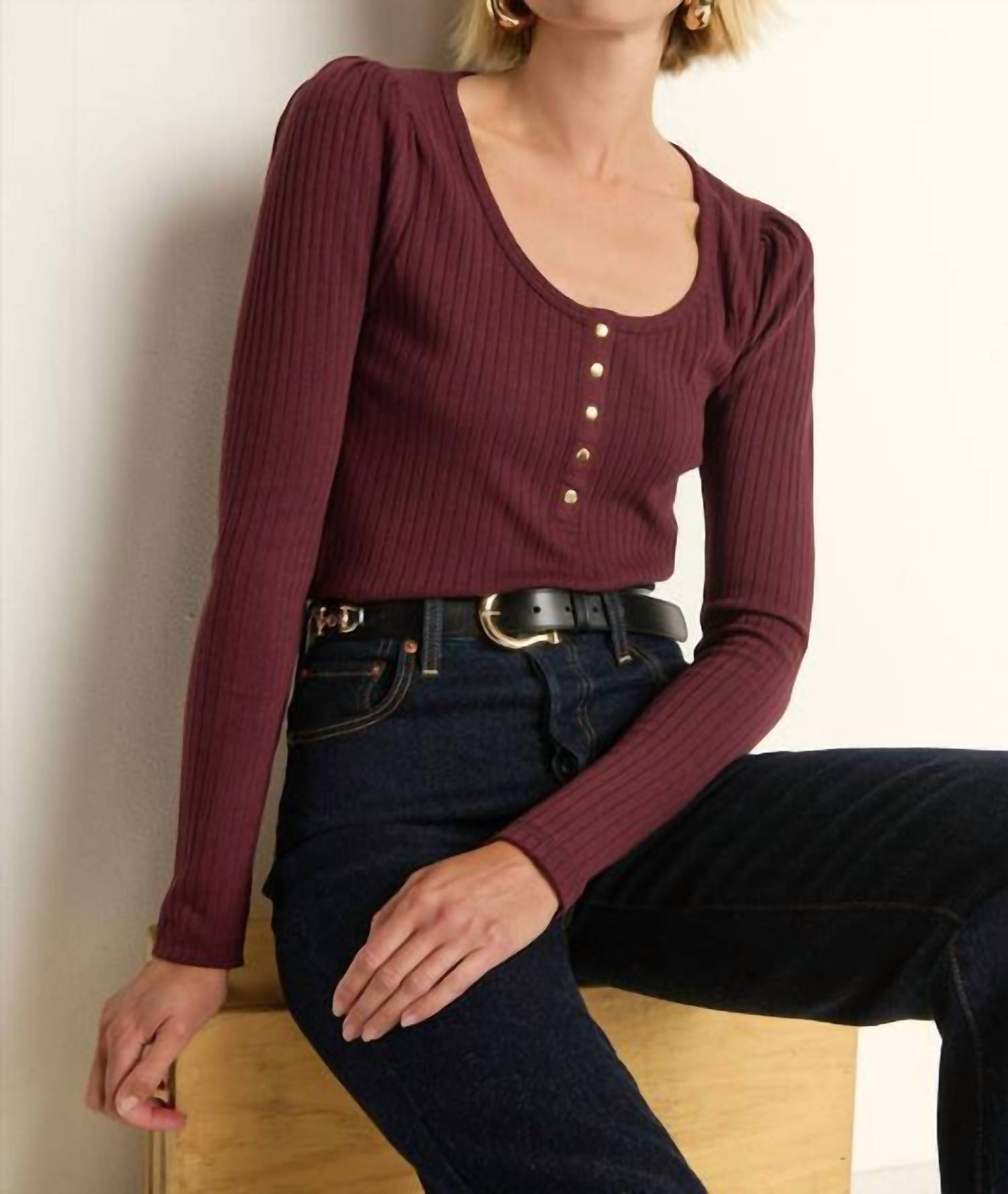 Nation LTD Reeva Henley Top in port - women's long sleeve top