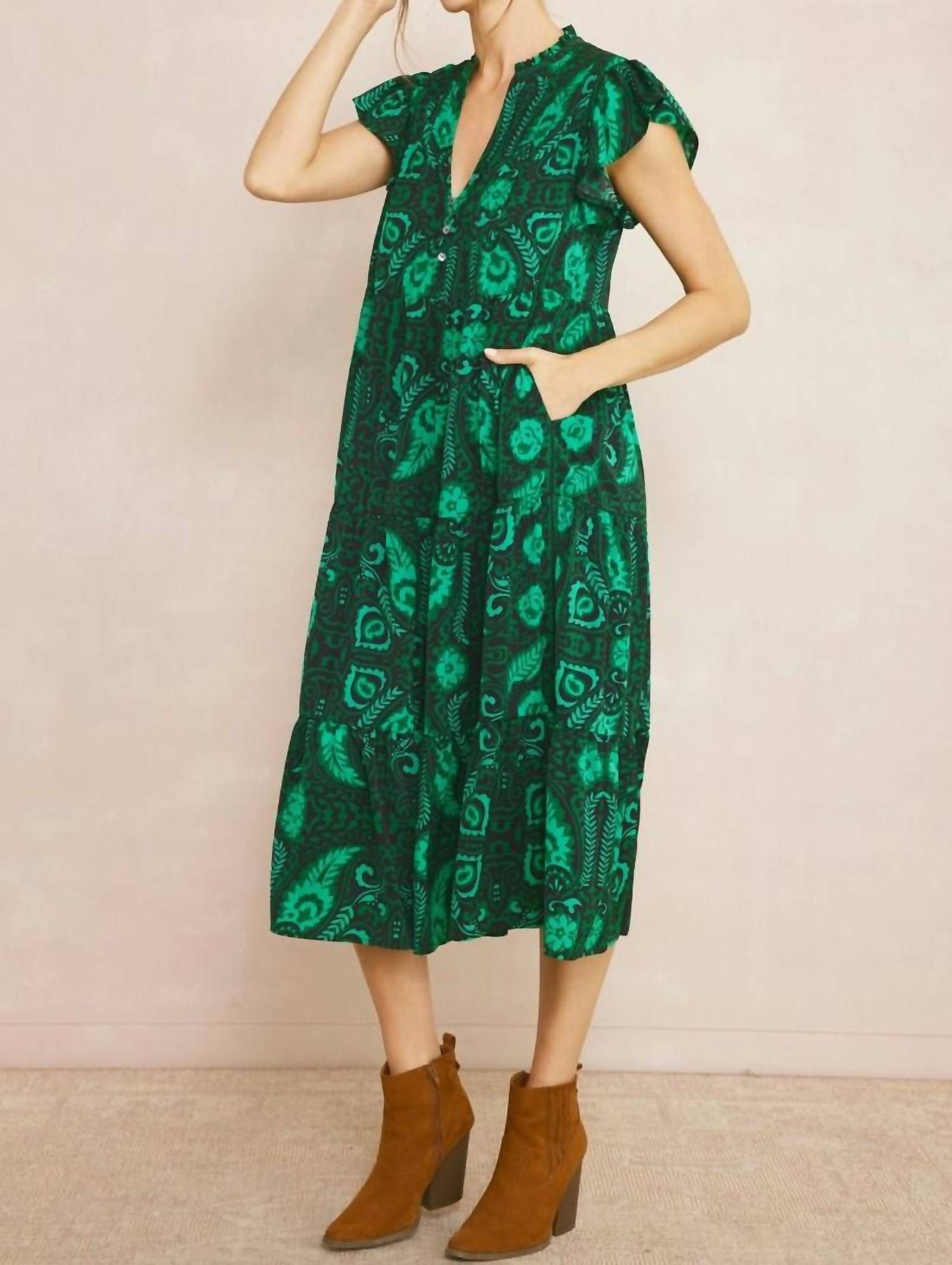 entro Floral & Leaf Ruffle Midi Dress in green - women's dress - alternate view