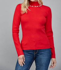 Fate Pearl Trim Turtleneck Sweater in red - women's sweater