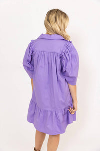 Karlie - Solid Button Puff Sleeve Ruffle Dress