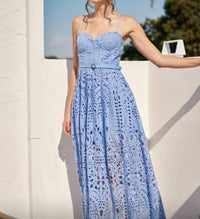Ina Fashion - Belted Eyelet Lace Maxi Dress