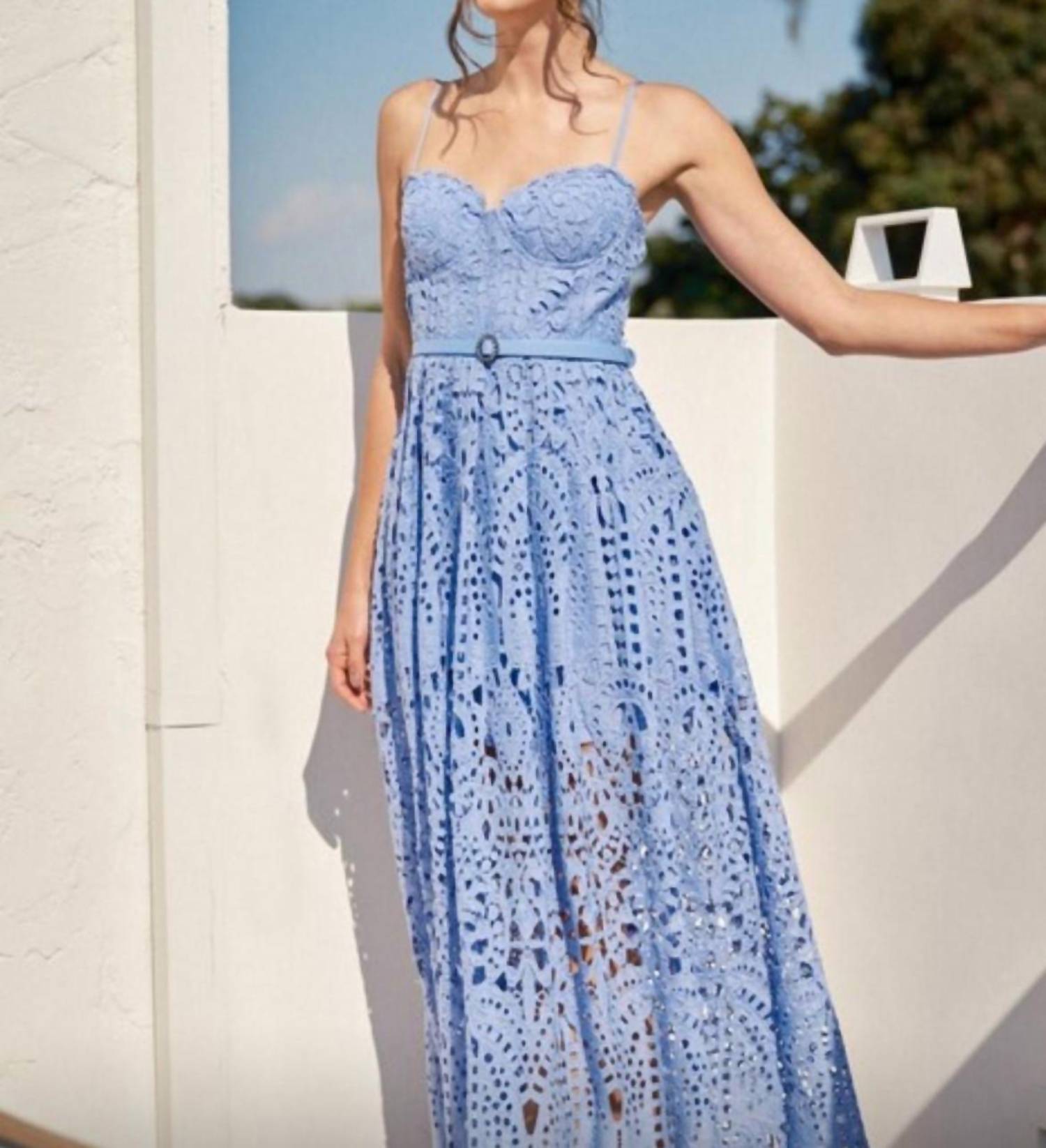 Ina Fashion - Belted Eyelet Lace Maxi Dress