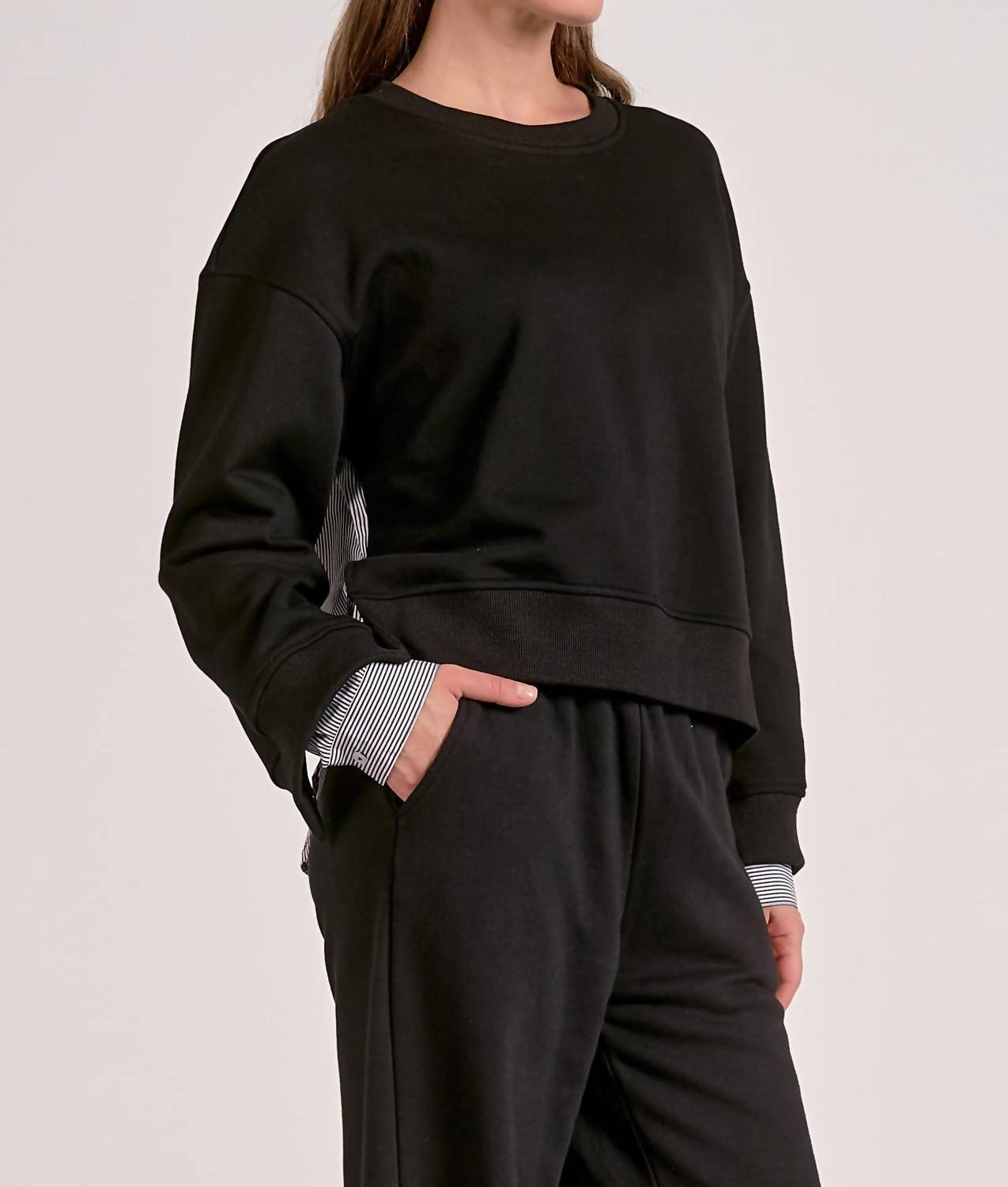 ELAN Layered Illusion Mixed Media Top in black - women's sweater - alternate view