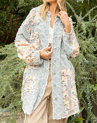 Pol - Floral Print Frayed Texture Denim Shacket