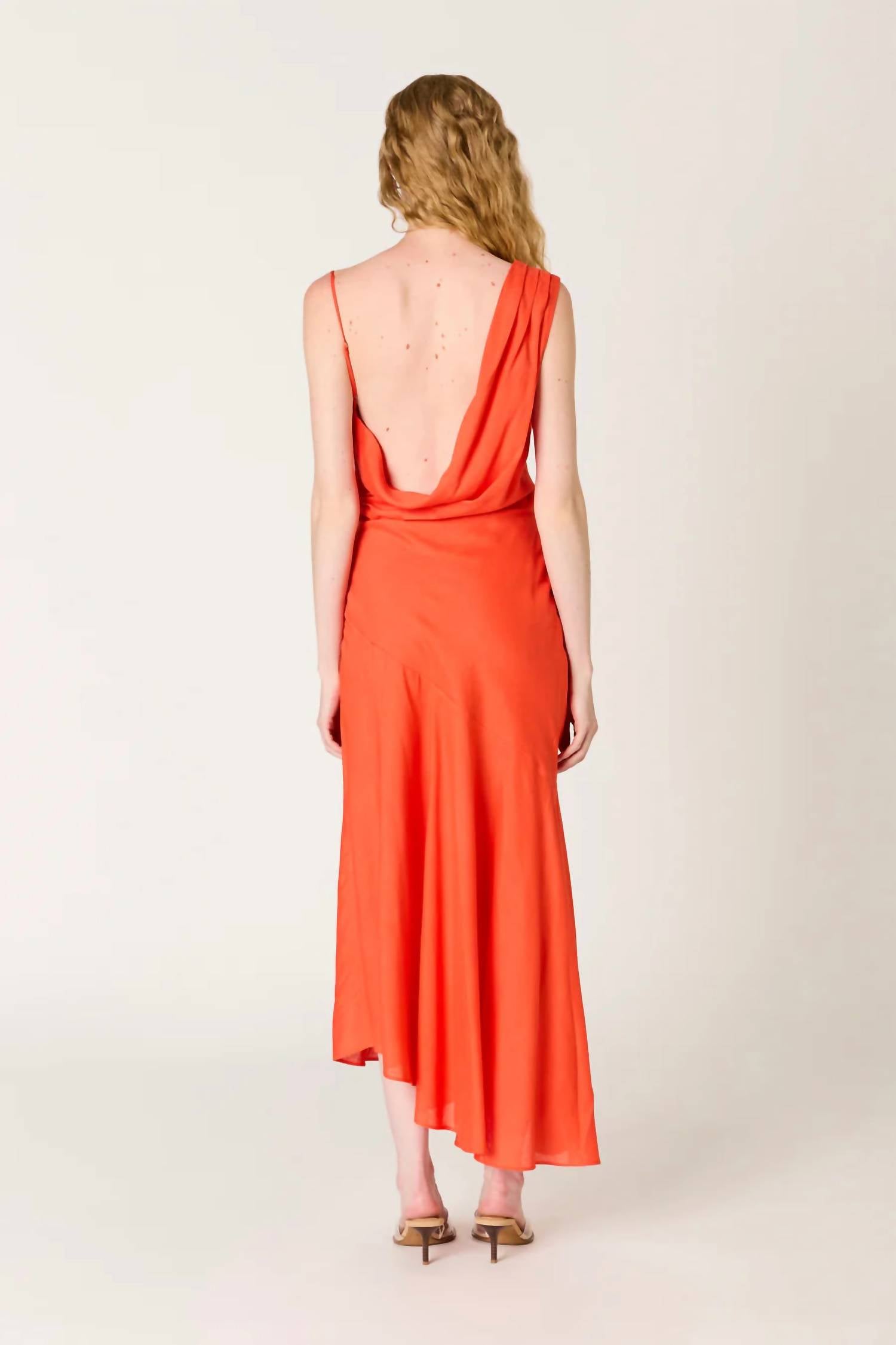 NIA Cielo One Shoulder Draped Midi Dress in coral red - women's dress - detail view