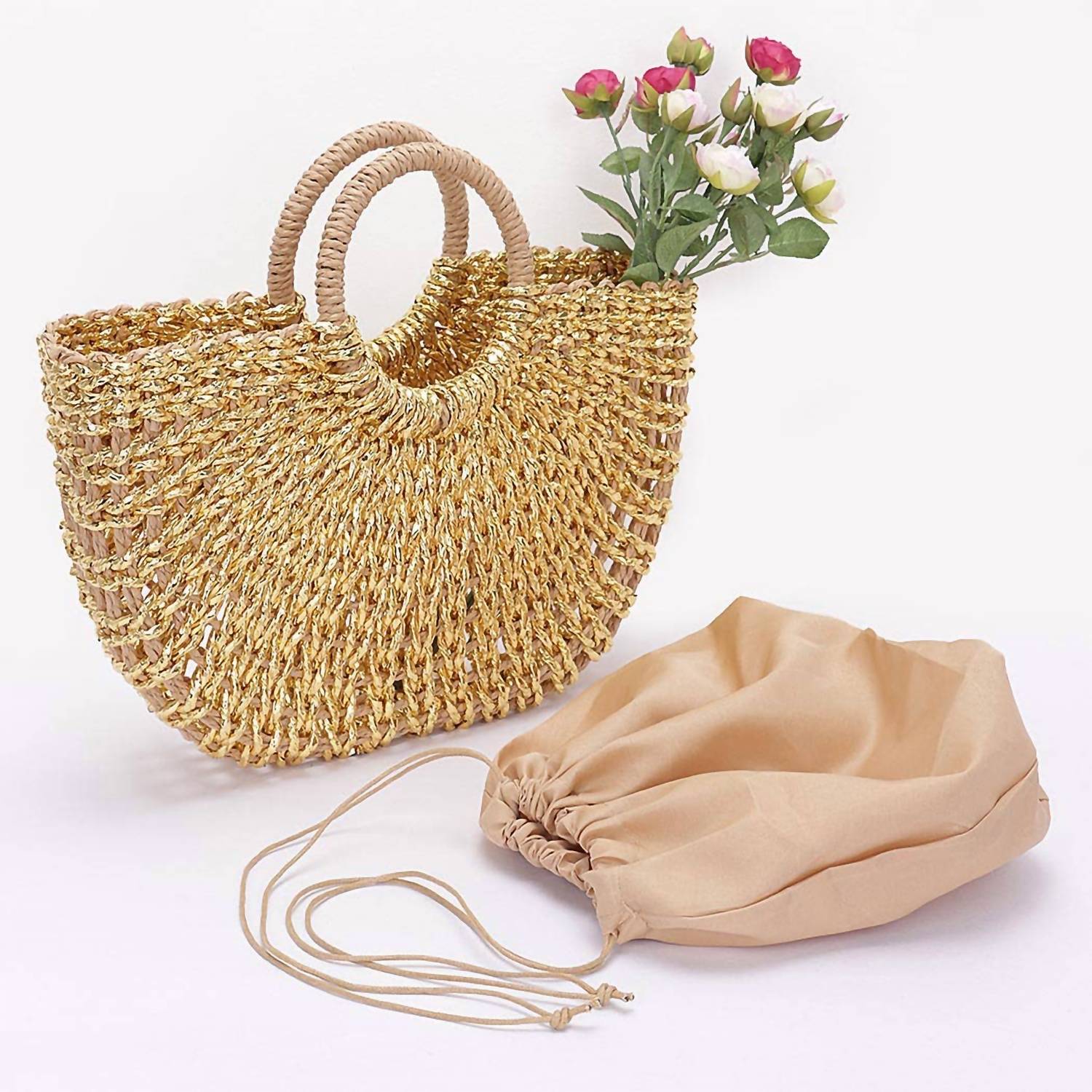 3Am By H&D Accessories - Women's Metallic Faux Straw Tote Bag With Pouch