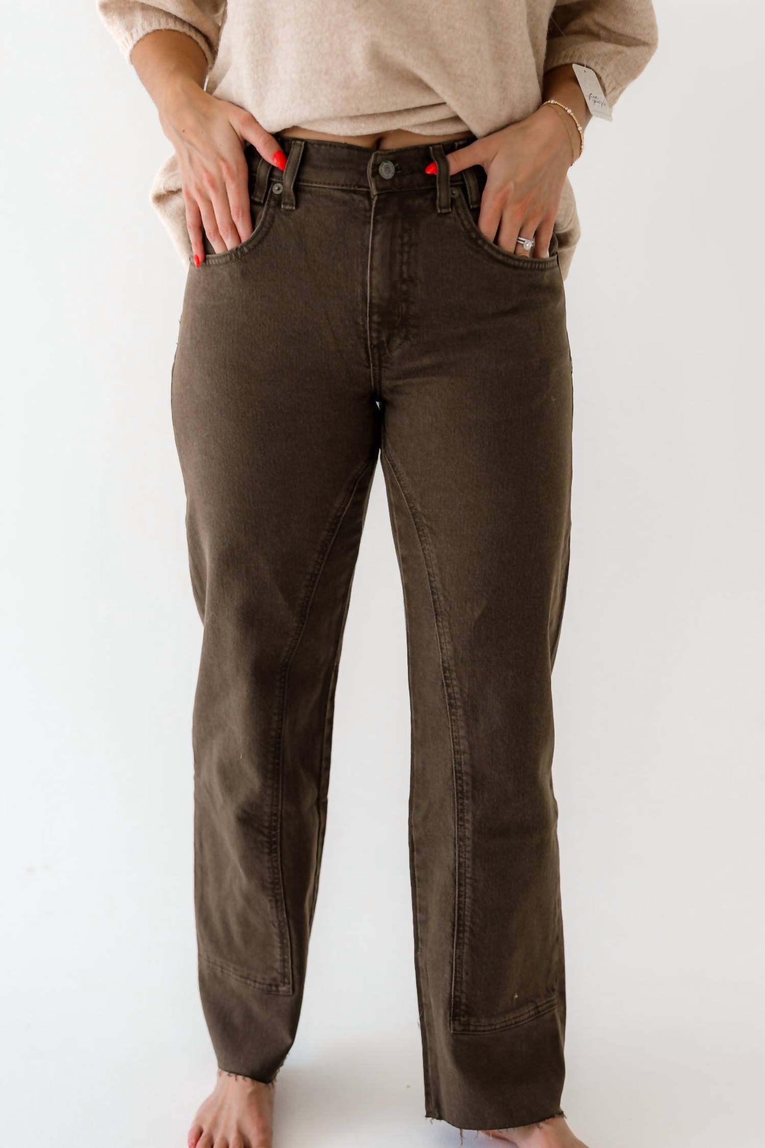 Free People We The Free Risk Taker Mid Rise Straight Jeans in workwear brown - women's jeans