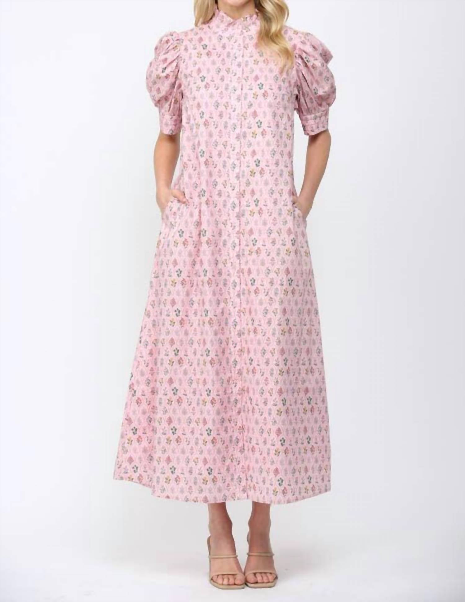 Fate - Ruffled Mock Neck Button Down Maxi Dress