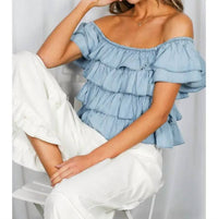 Vine & Love - Tiered Flutter Sleeve Chambray Top