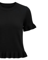 DEAR JOHN DENIM Women's Crewneck Ruffle Detail Short Sleeve Sweater in black - women's sweater - detail view