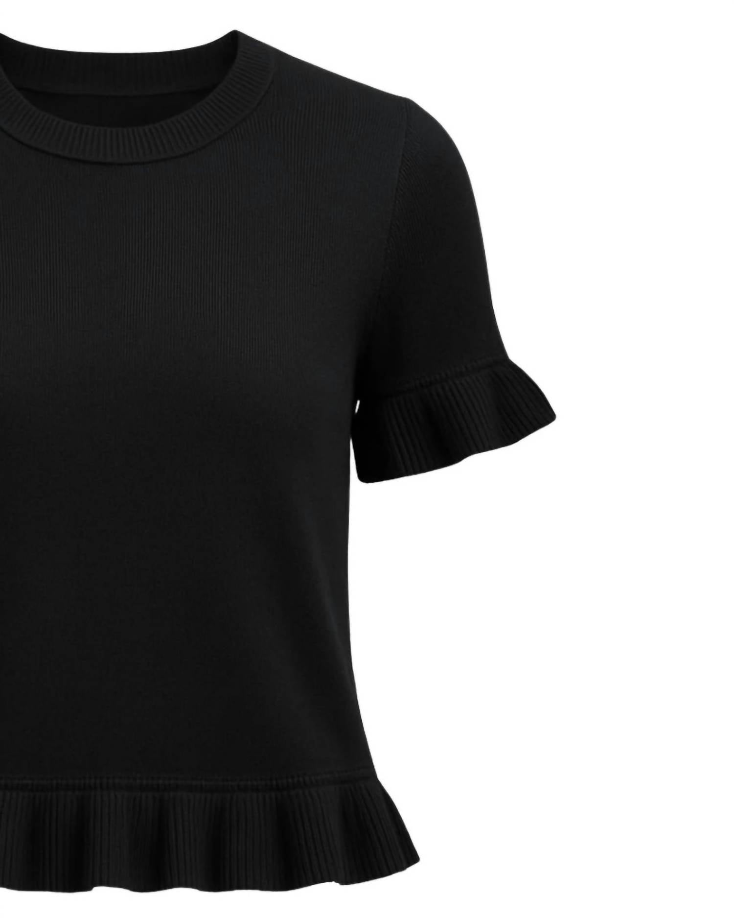 DEAR JOHN DENIM Women's Crewneck Ruffle Detail Short Sleeve Sweater in black - women's sweater - detail view