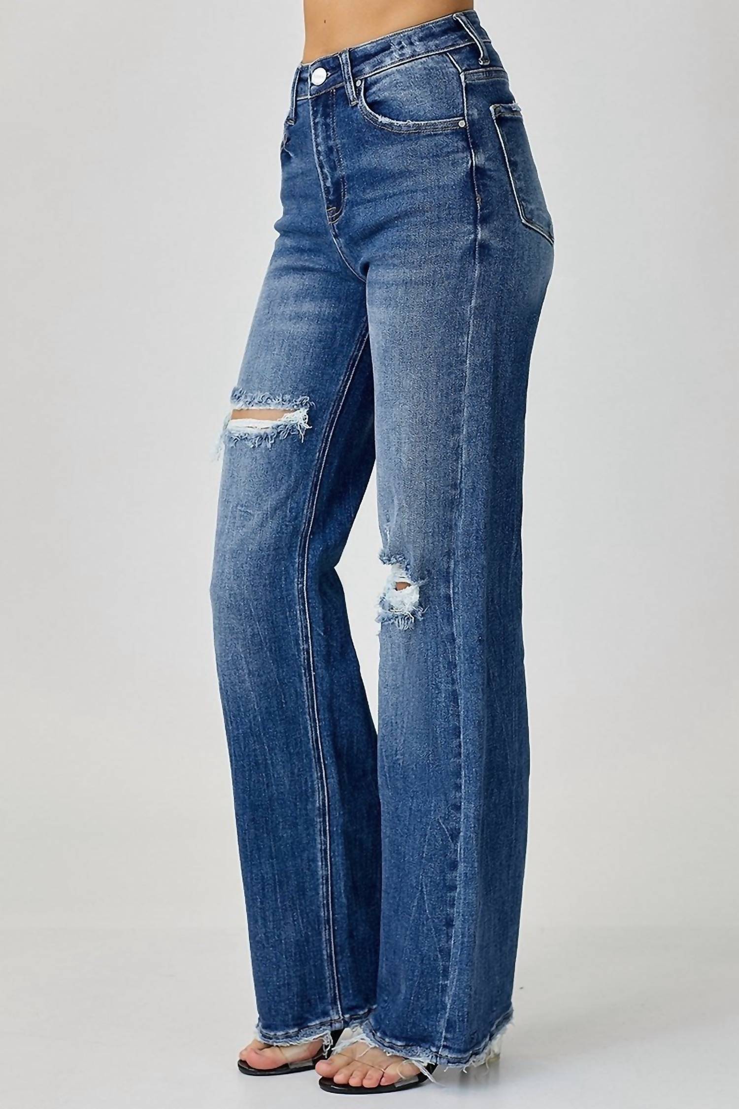 RISEN High Rise Ripped Wide Leg Jeans in blue - women's jeans - alternate view