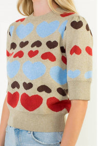THML With All My Heart Short Sleeve Heart Knit Top in beige multi - women's sweater - view 4