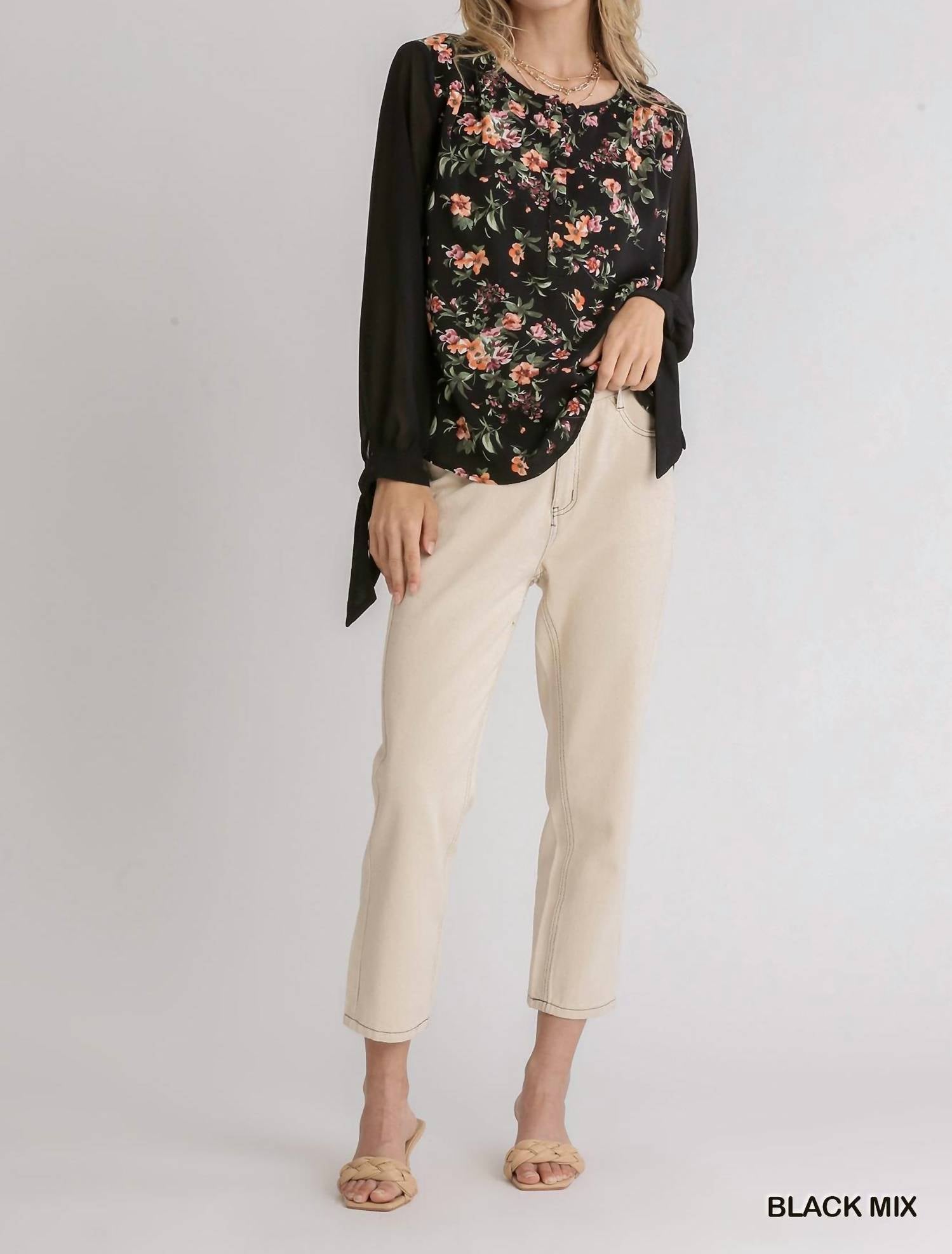 Umgee - Mixed Floral Print Half-button Front Top