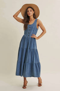 In February - Summer Roadtrip Sustainable Denim Tiered Midi Dress