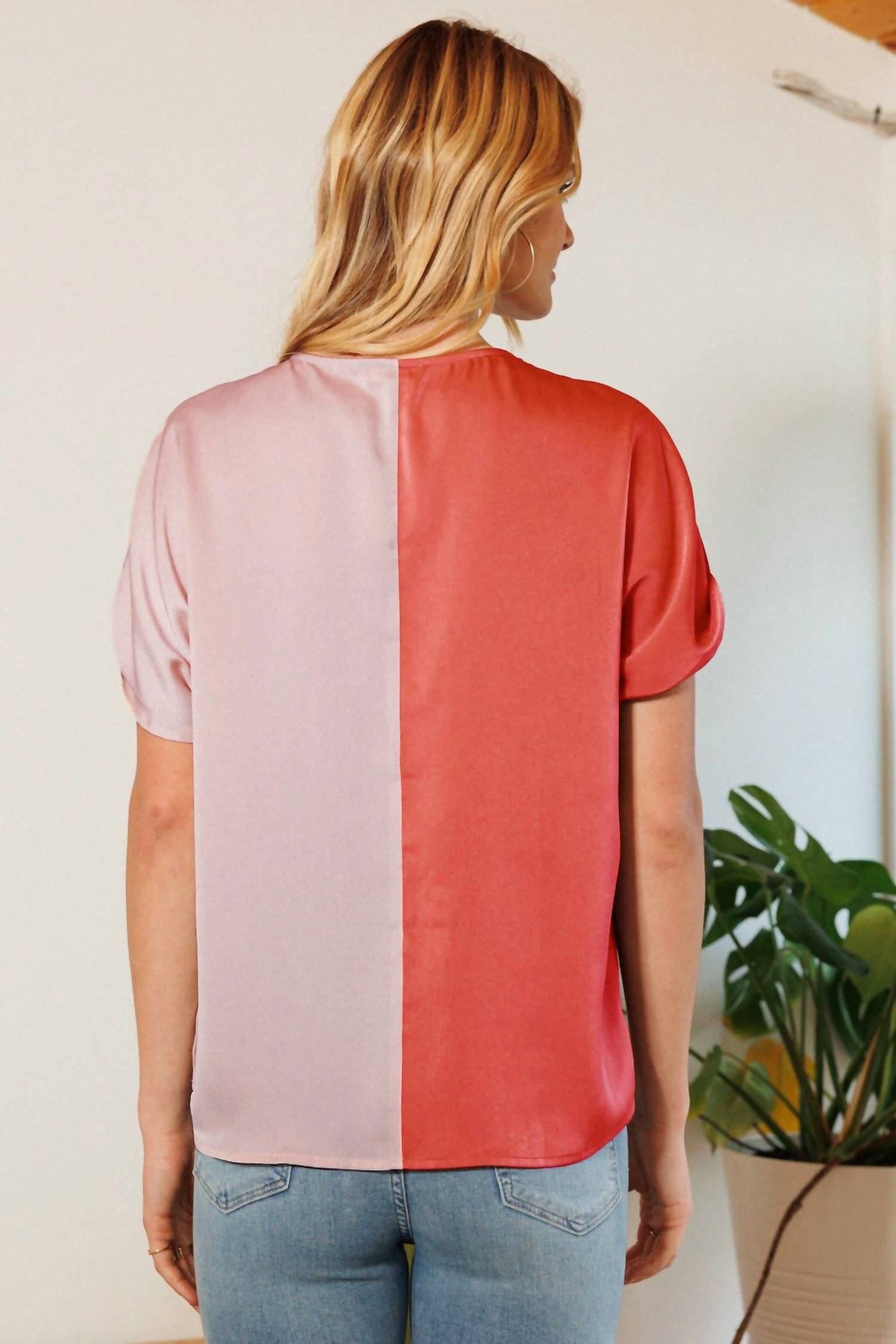 Oddi - V- Neck Color Block Satin Blouse