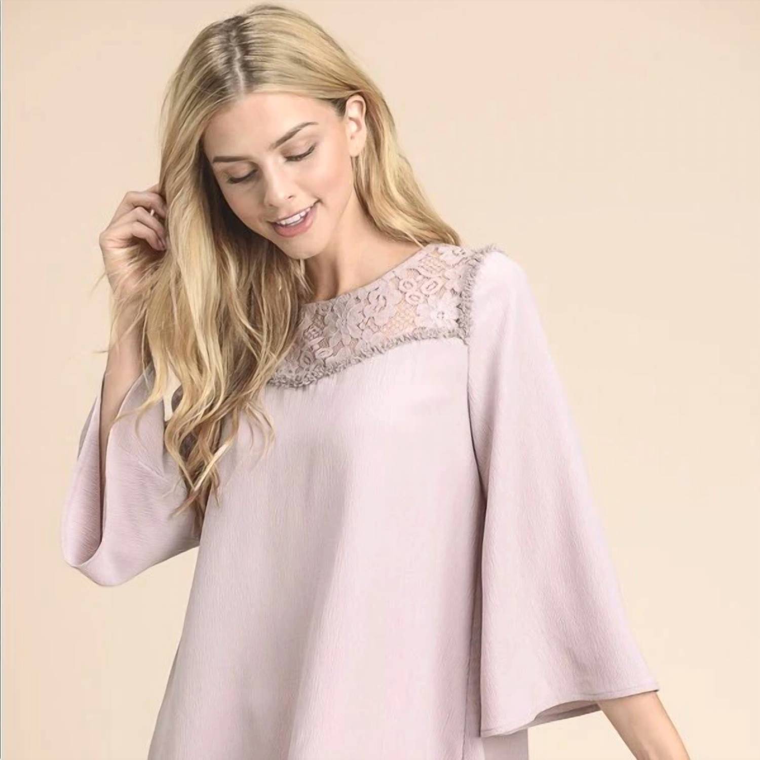 Doe And Rae - 3/4 Bell Sleeves Top With Lace Detail