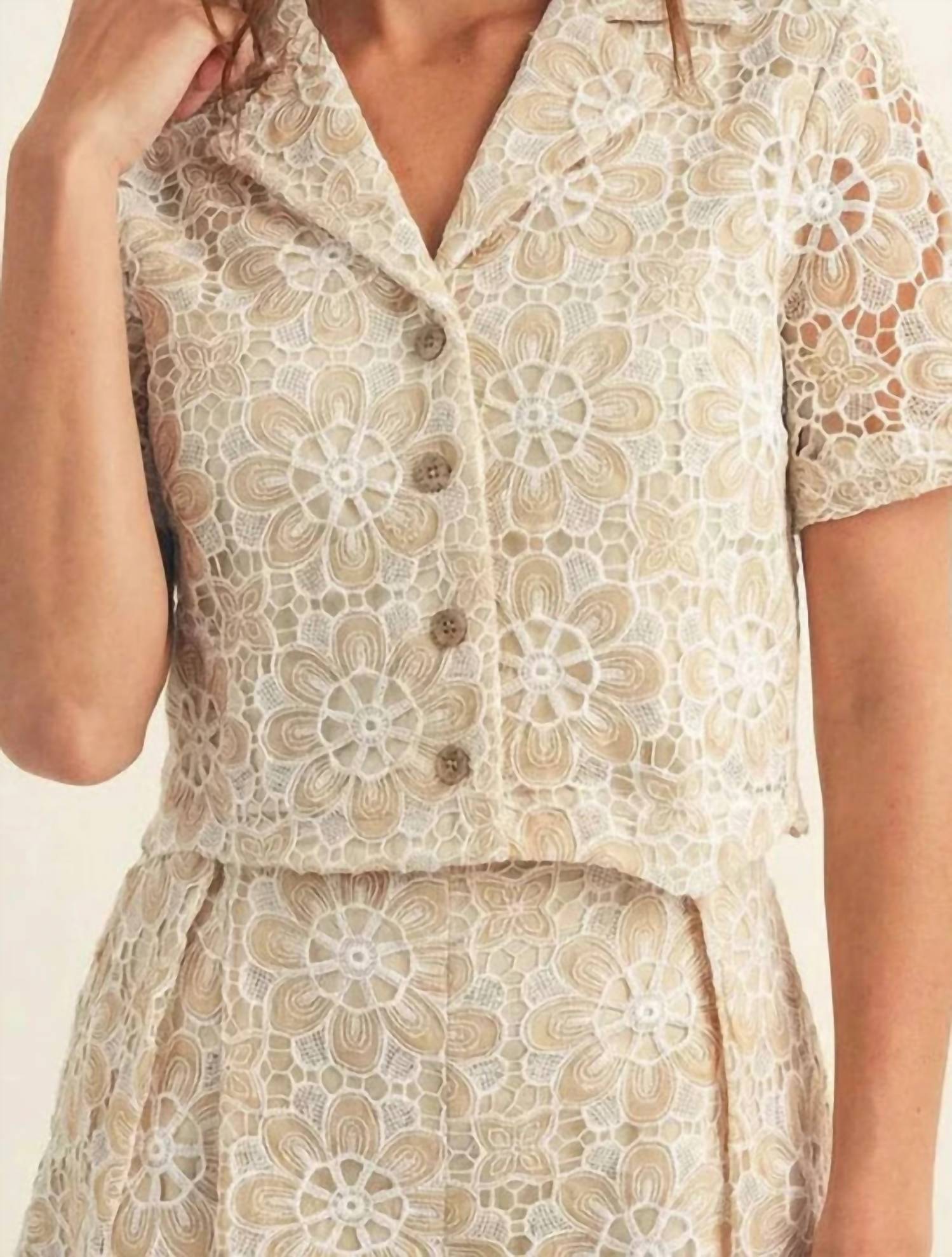 Surelymine - Maribel Floral Lace Button-Up Top & Shorts Set