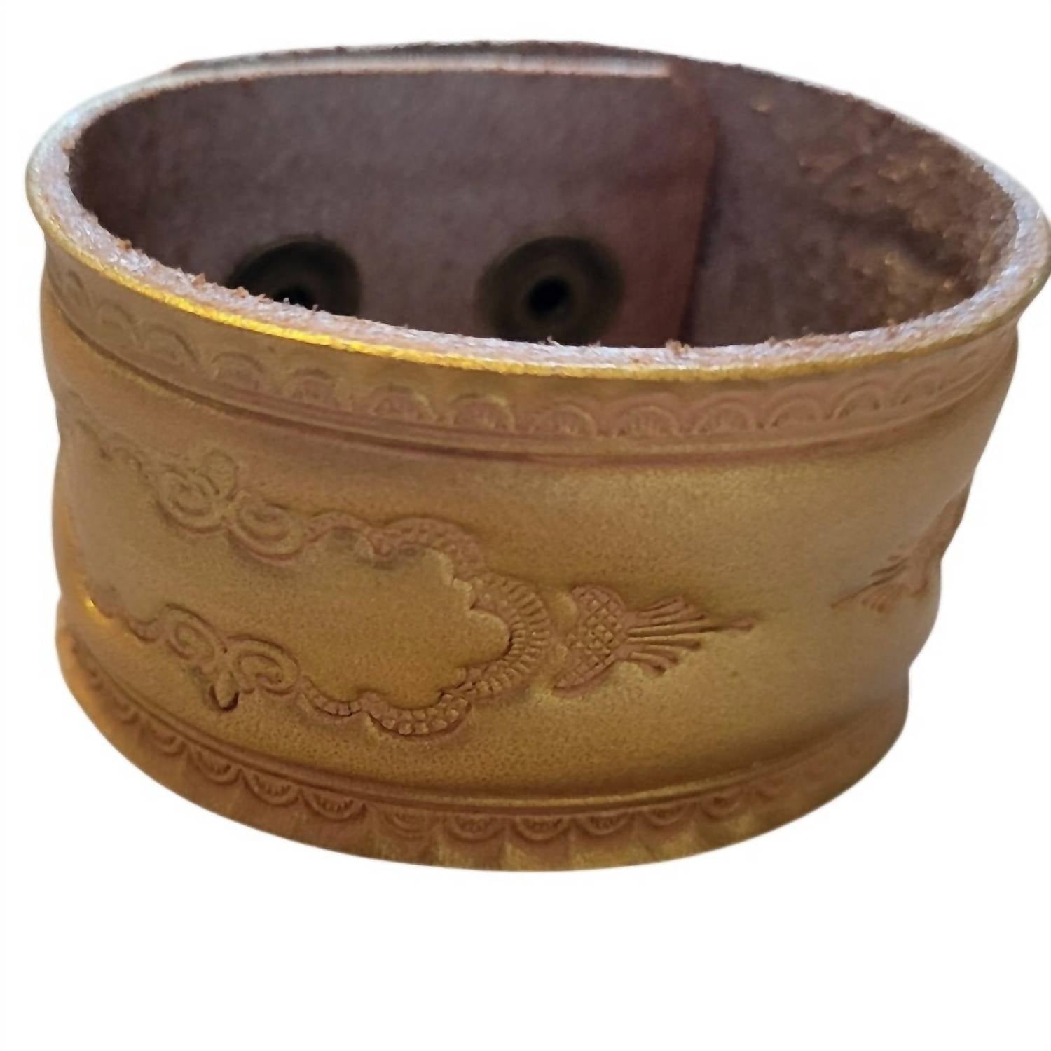 A Rare Bird Hand-tooled Leather Bracelet in gold brown - women's jewelry