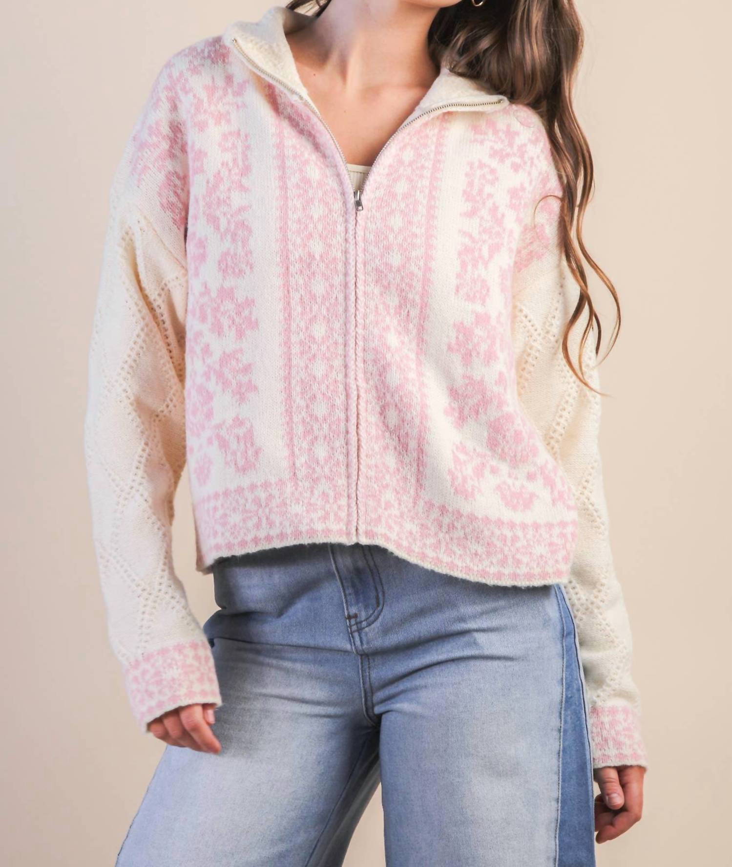 Very J - Romantic Floral Zip Sweater